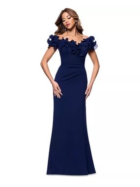 XSCAPE Navy Scuba Crepe V-Neck Chiffon Ruffle Floor Length Gown ✨ NWT